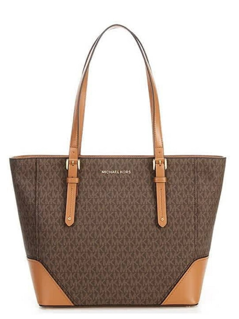 Michael Kors Aria Large Jet Set Brown Logo Tote with Tan Leather Trim